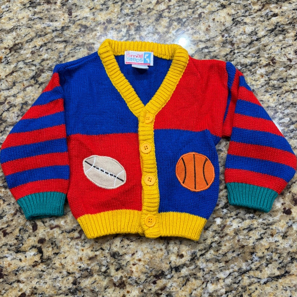 Vintage Small Steps Kids Sports Cardigan Sweater Blue Red Yellow 12M